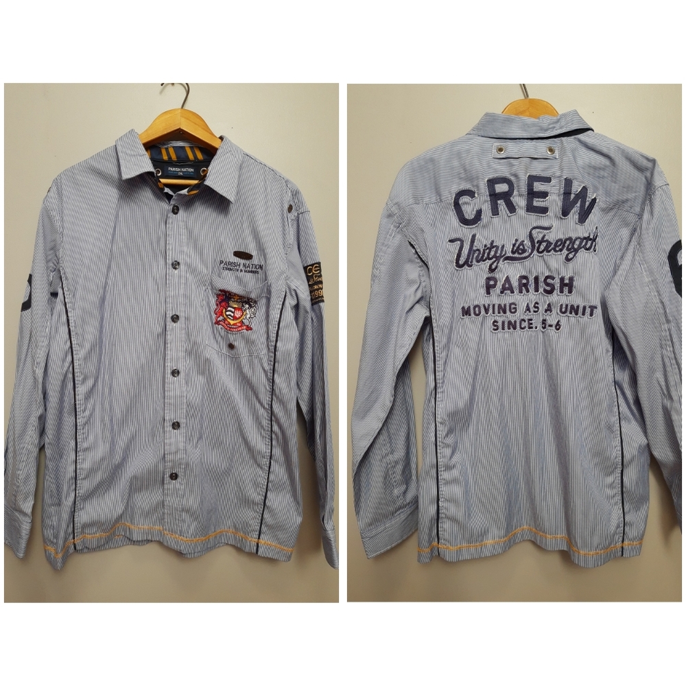 Parish Nation | Blue Pinstripe Embroidered Button Up